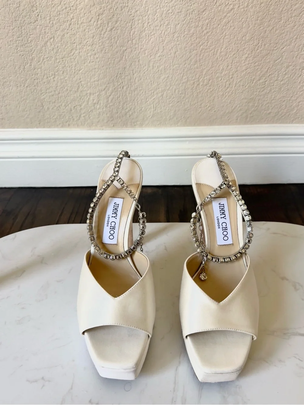 Jimmy Choo White Platform High Heel Sandals with Rhinestone Ankle Chain